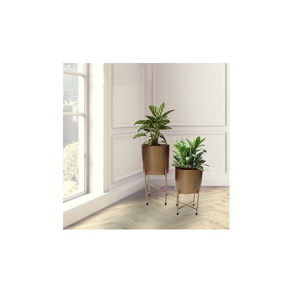 Set Of 2 Decorative Modern Gold Metal Cylinder Floor Flower Planter Holders With Stand, 22 And 18 Tall, Perfect For Your Entryway, Living Room, Or D